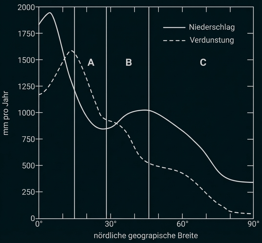 Grafik: Niederschlag (durchgezogen) und Verdunstung (gestrichelt) in Abhängigkeit von der nördlichen geographischen Breite, Zonen A–C.